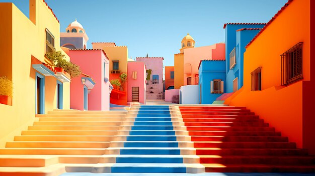 A set of stairs leading up to a colorful buildings