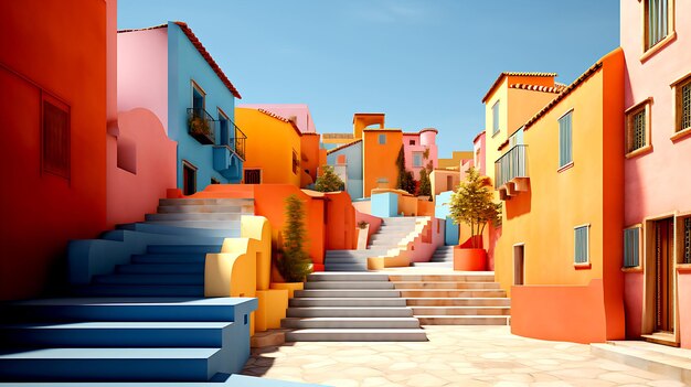 A set of stairs leading up to a colorful buildings