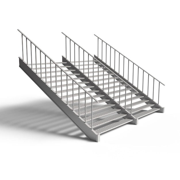 A set of stairs made of stainless steel and a metal railing.