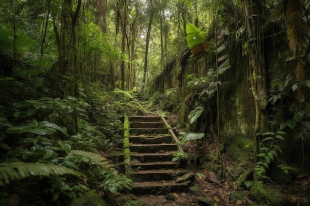 A set of stairs in the middle of a lush green forest generative AI