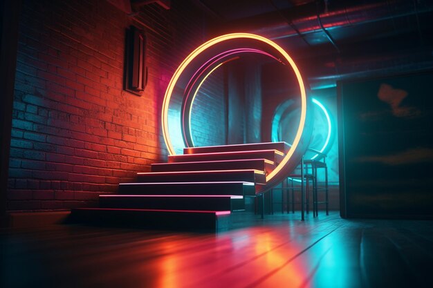 A set of stairs with neon lights and a round sign that says'stairs '