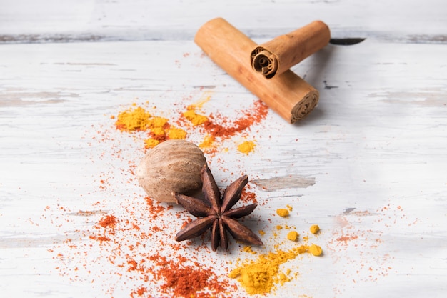 Set of star anise, curcuma, cinnamon stick and nutmeg