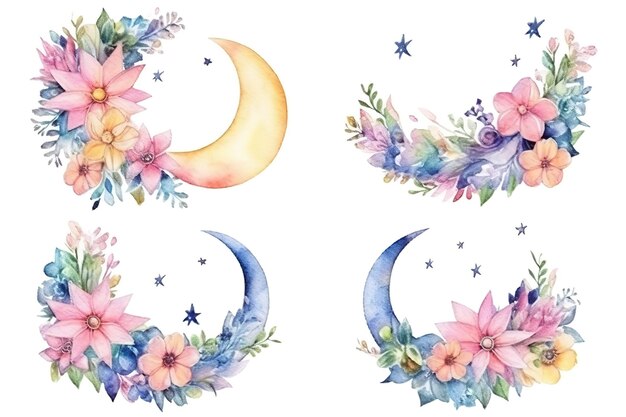 Set of star moon and cloud with flower wreath painted in watercolor on a white isolated background