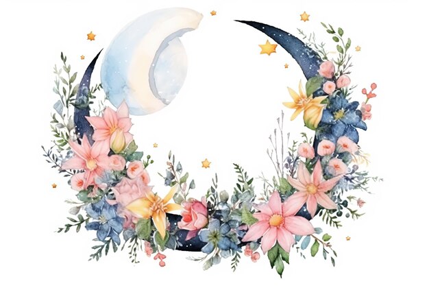 Set of star moon and cloud with flower wreath painted in watercolor on a white isolated background