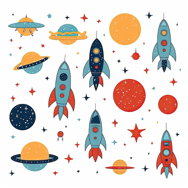 Set of stars and space ship clip art emblem dark colors AI Generated