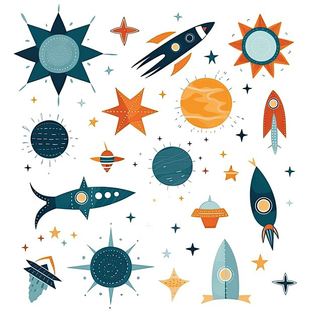 Set of stars and space ship clip art emblem dark colors AI Generated