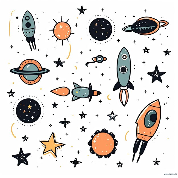 Photo set of stars and space ship, clip art emblem dark colors ai generated