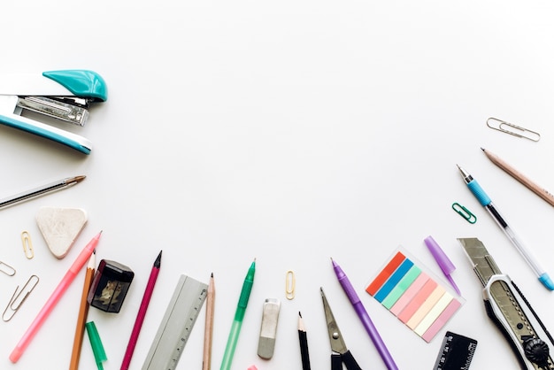 Set of stationery on white table, top view. School Concept