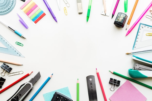 Photo set of stationery on white table, top view. school concept