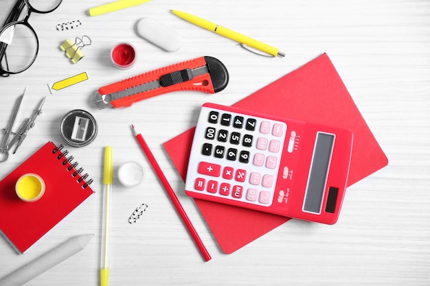 Set of stationery on white table top view