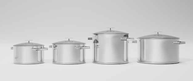 Set of steel cooking pots and pan on a white background 3d illustration