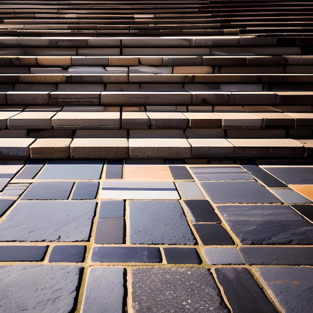 A set of steps with black and yellow tiles on them.