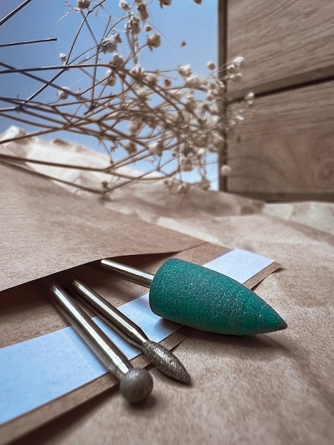 A set of sterile manicure tools in a craft package nail salon