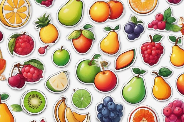 Photo set of sticker cartoon cute fruit white background vectorized miki asai macro photography cl