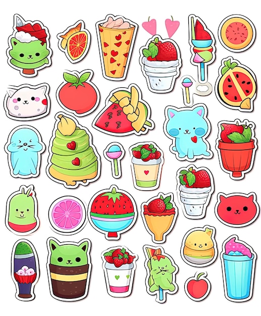 Set of Sticker of cute and adorable kittens with a glass of juice fruits and icecream Generative AI