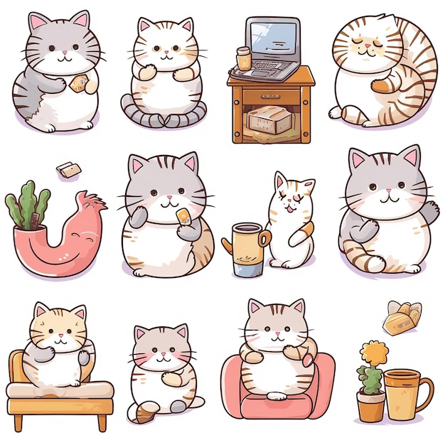 Photo set of sticker cute cartoon cats doing various activities isolated on white background