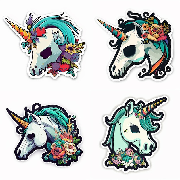 A set of stickers for a unicorn and skull.