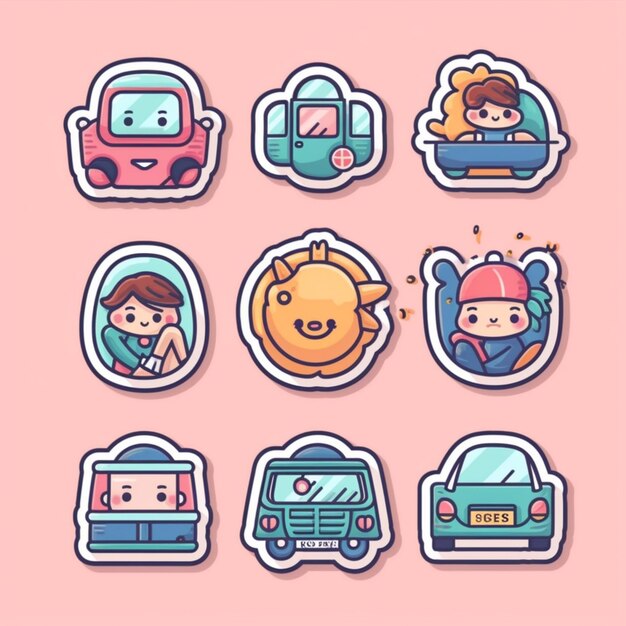 A set of stickers with different types of vehicles and people generative ai