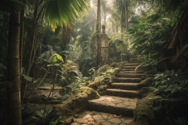 A set of stone steps in the middle of a jungle generative AI