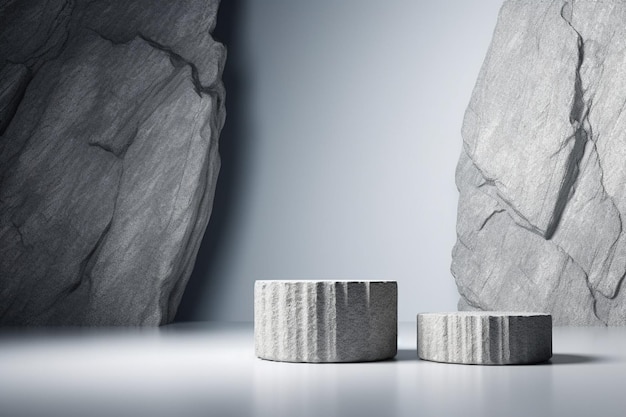 A set of stone stools with a grey background and a large rock in the background.