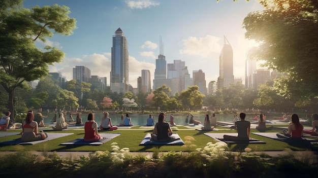 Set a story in a bustling city park where people gather for outdoor yoga sessions forming a diverse