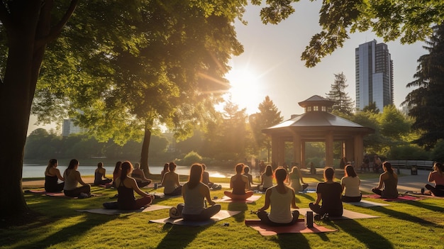 Set a story in a bustling city park where people gather for outdoor yoga sessions