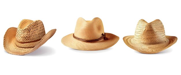 Photo set of straw hats isolated on white background