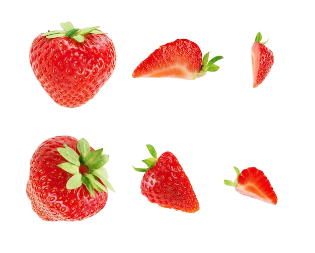 Photo set of strawberries in a cut and whole, with a spine, isolated on a white background.