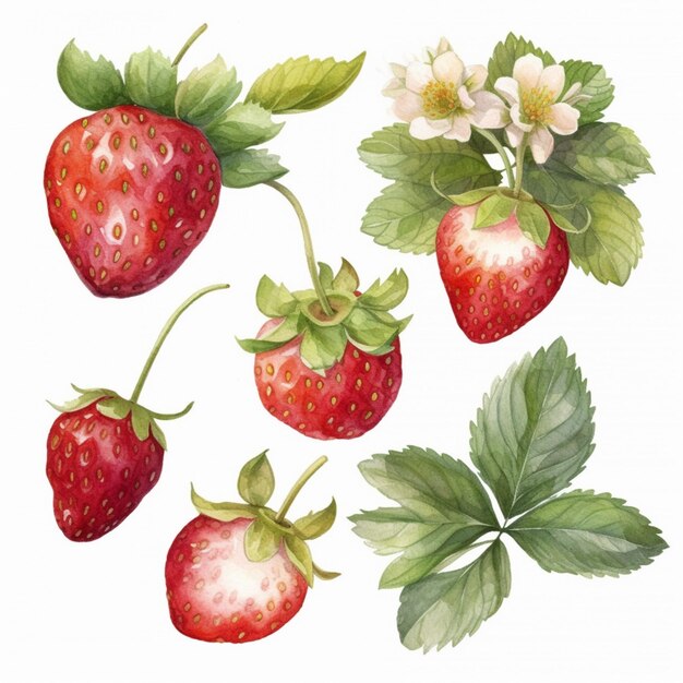 A set of strawberries and a flower