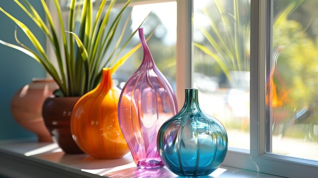 A set of striking handblown recycled glass vases adorn the windowsill bringing a pop of color and a