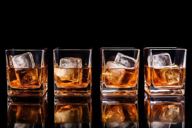 Set of strong alcoholic drinks in glasses and shot glass in assortent vodka rum cognac tequila brandy and whiskey Dark vintage background selective focus