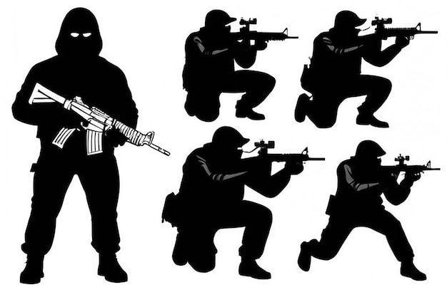 Set of strong robber with assault rifle gun silhouette vector isolated on white background