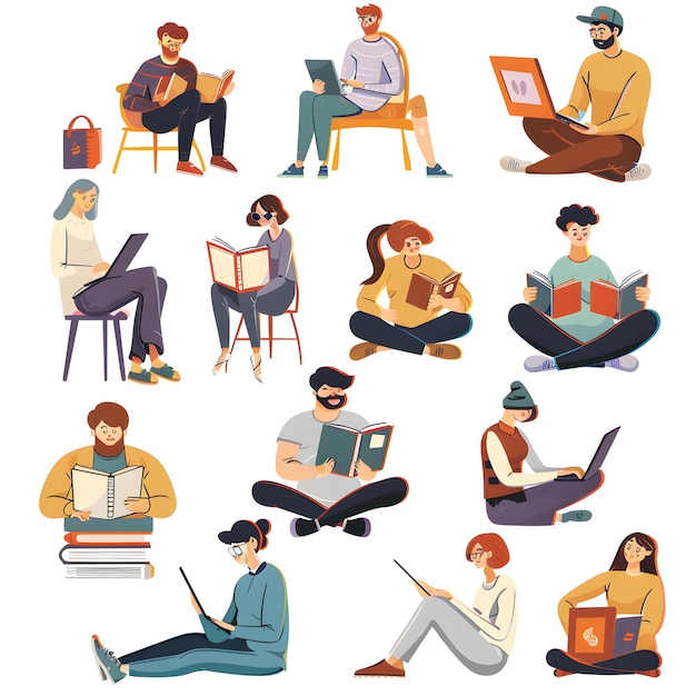 座って本を読んでいる生徒のセット本を読む人々平らなスタイルのベクトルイラスト