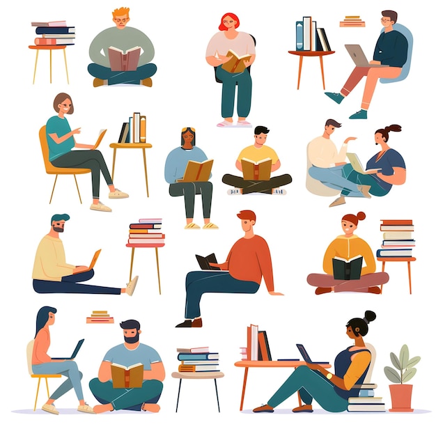 座って本を読んでいる生徒のセット本を読む人々平らなスタイルのベクトルイラスト