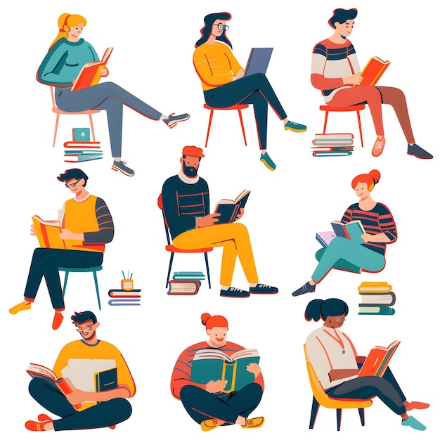 座って本を読んでいる生徒のセット本を読む人々平らなスタイルのベクトルイラスト