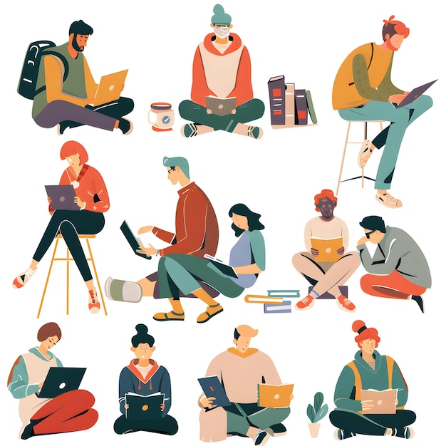 座って本を読んでいる生徒のセット本を読む人々平らなスタイルのベクトルイラスト