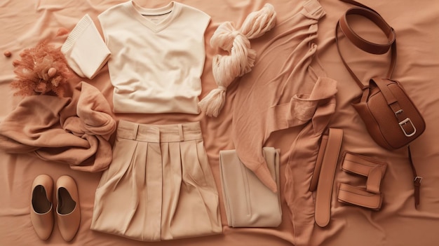 アル生成されたベージュのフラット レイアウト上面図にスタイリッシュな洋服の女性のトレンディなファッション服のコラージュのセット