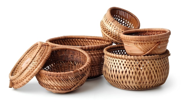 Set of stylish rattan baskets on white background