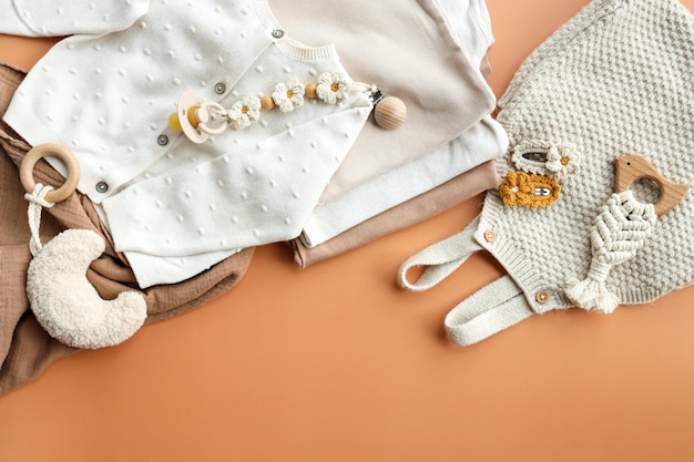 Set of stylish things for newborns top view flat lay