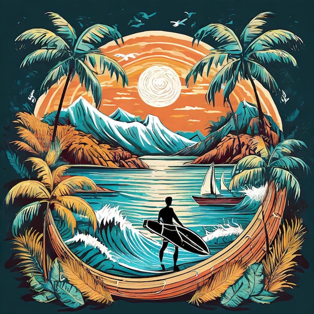 여름 서핑 디자인 열대 터 세트 손 그림 실루 티셔츠 인쇄