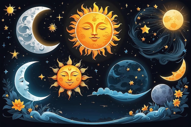 Set of sun and moon day and night