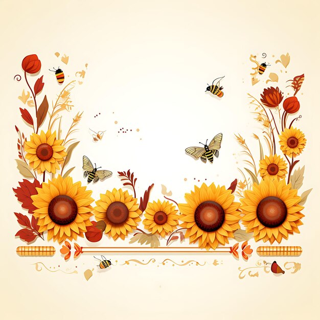 A set of sunflowers bees honeycombs lunar new year garden warm tones 2d flat art illustration