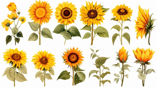 set of sunflowers on white background