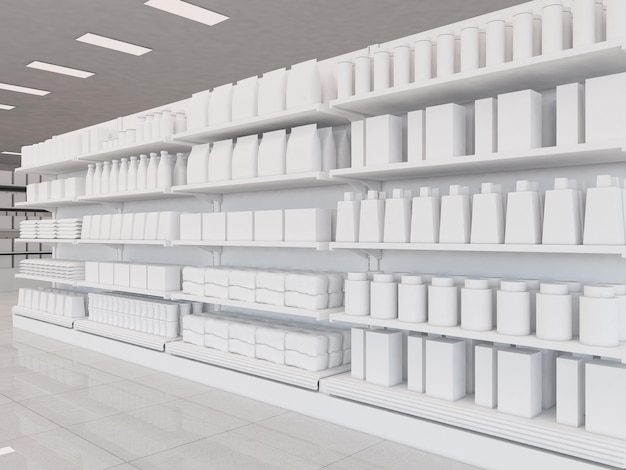 Photo set of supermarket shelves in perspective view with products and packaging 3d illustration