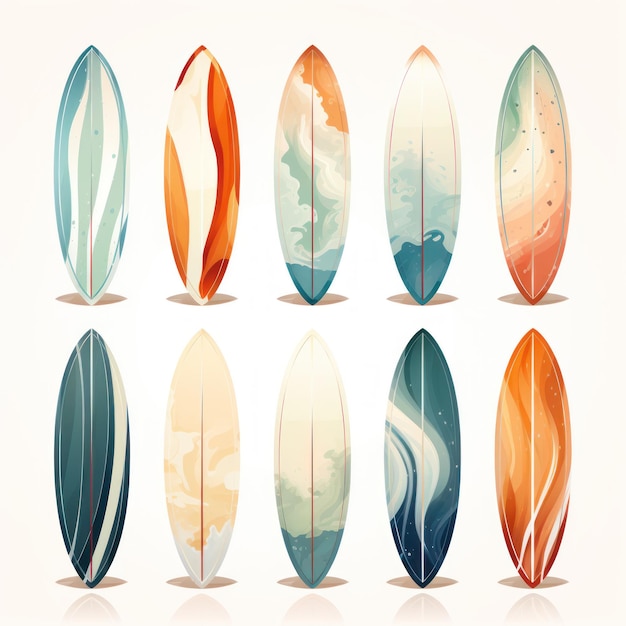 Set of surfboards isolated on white background illustration in retro style Generative AI