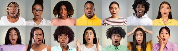 set of surprised young men and women on grey collage