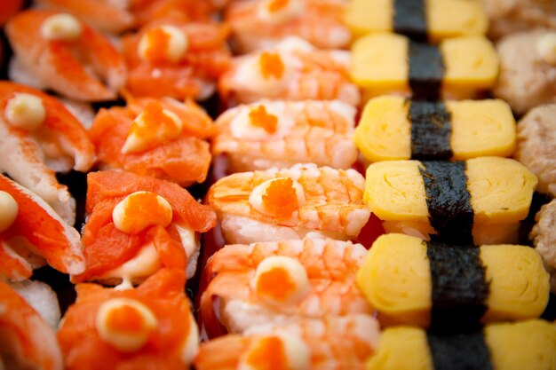 Set of Sushi, original style Japanese food, colorful and exquisite arrangement in rows