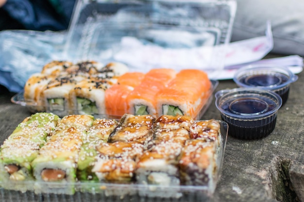 A set of sushi on a picnic in nature