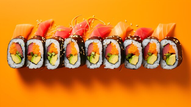 Set of sushi roll with salmon and tuna on the orange background