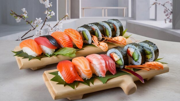 Set of sushi and rolls on boards